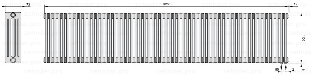 Схема (чертеж) Радиатор Zehnder Charleston 5110/57 №5510 Белый глянцевый RAL 9016